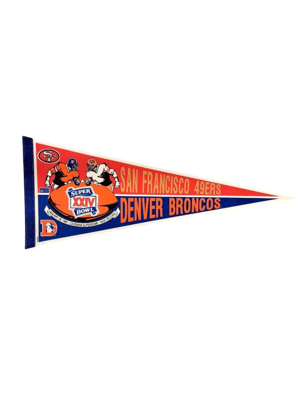 Vintage Super Bowl XXIV 24 Pennant San Francisco 49ers Denver Broncos 1990 NFL